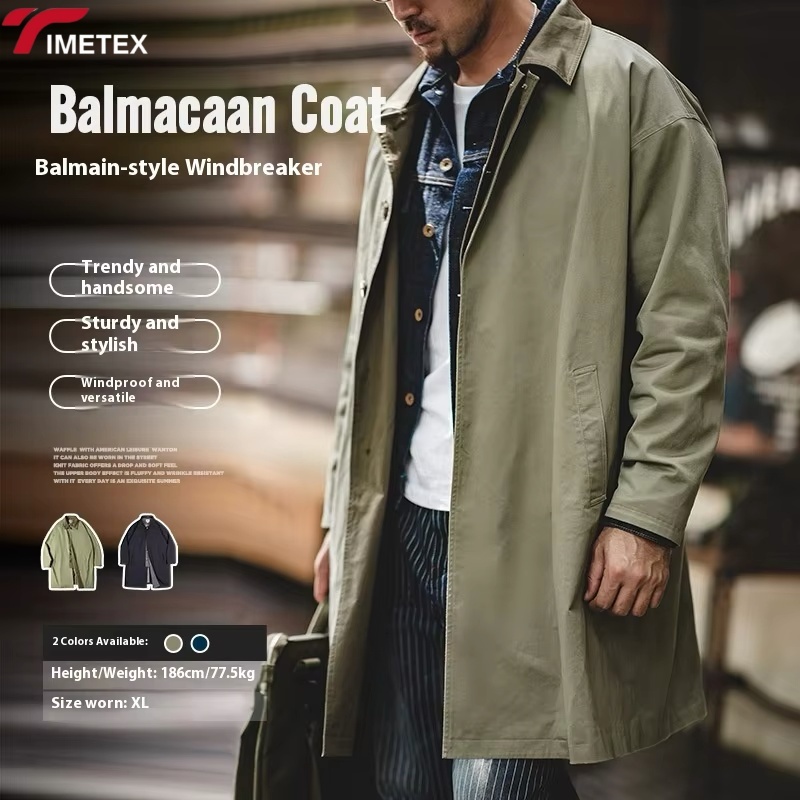 TIMETEX Custom Scottish Balmacaan Trench Coat for Men Winter Outwear Waterproof Lightweight Cotton Jacket with Contrast Collar