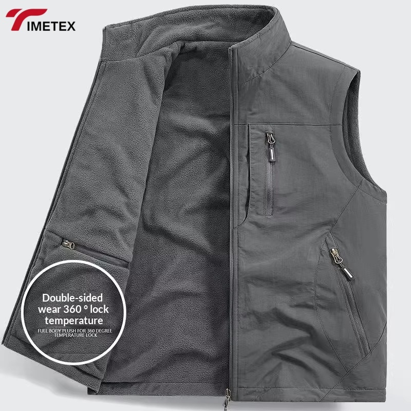 Men's Casual Double-Sided Plush Vest Jacket Large Size Thickened Stand-Up Collar Multiple Pockets for Work Photography Fishing