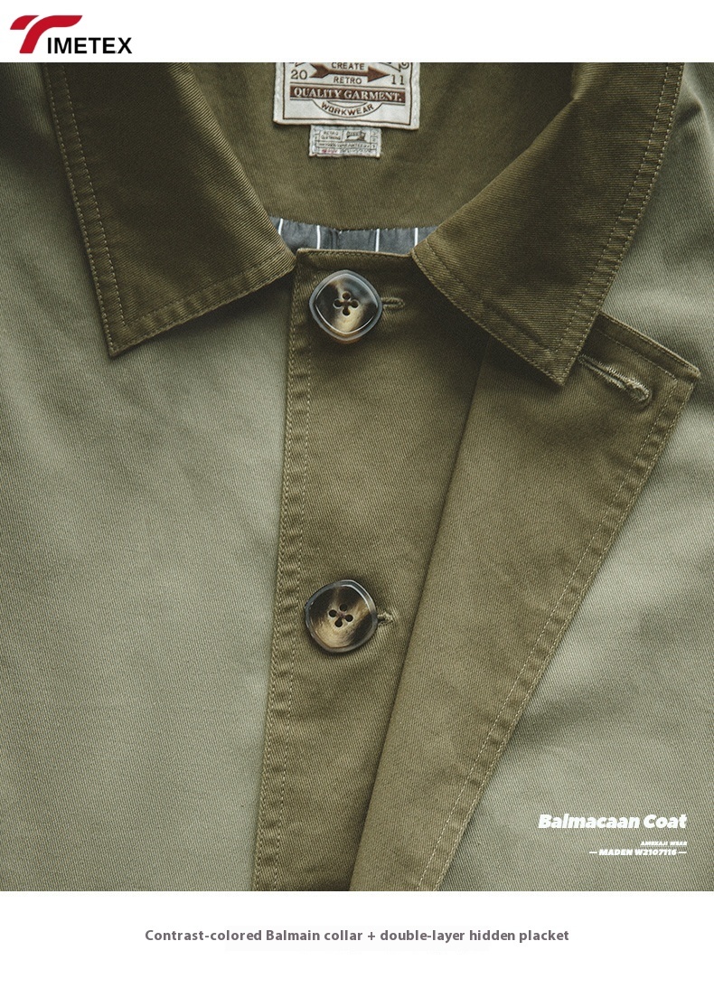 TIMETEX Custom Balmacaan Trench Coat Long Winter Outwear Waterproof Cotton Jacket with Contrast Collar and Woven Style