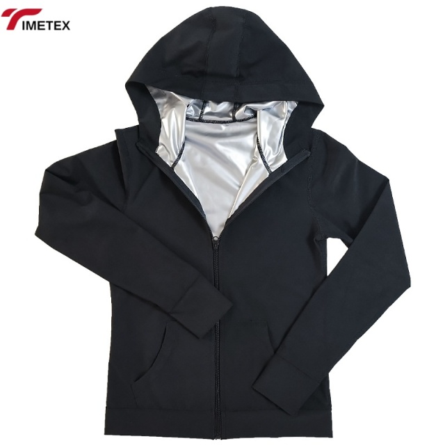 TIMETEX Women's Black Hooded Sweat Jacket with Thermal Lining Comfortable Sauna Suit for Home Weight Loss Zippered Design