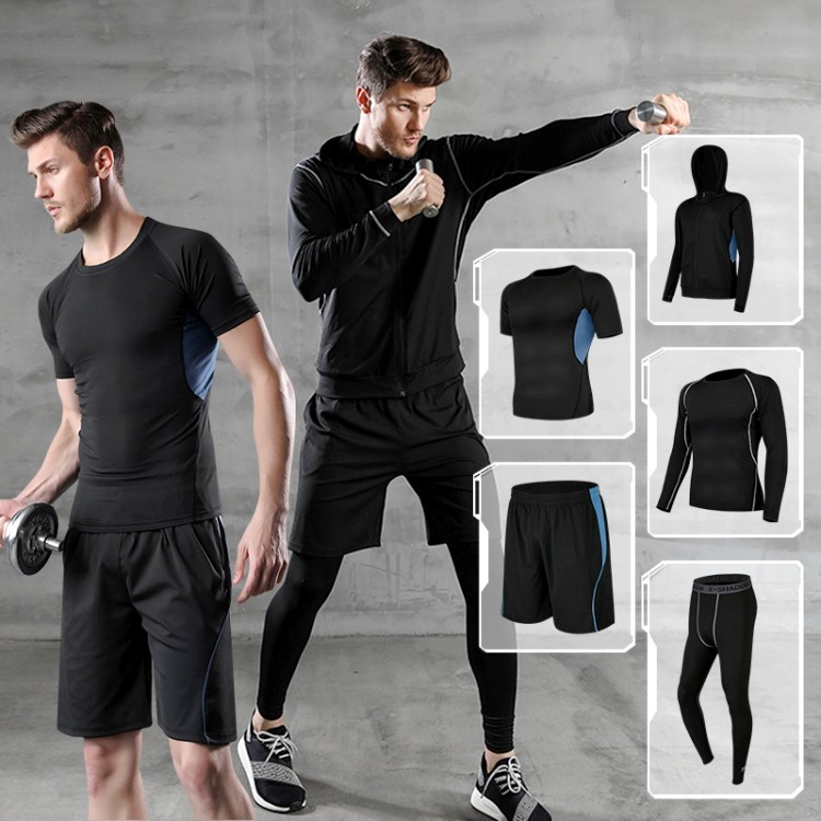 Men 5 Pieces Set Casual Running Gym Suits Fitness Clothes Sports Shorts Quick-drying Tights Short-sleeved Training Sportswear
