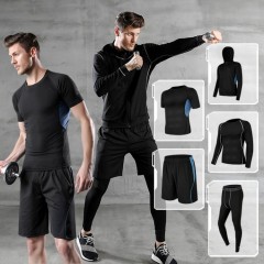 Men 5 Pieces Set Casual Running Gym Suits Fitness Clothes Sports Shorts Quick-drying Tights Short-sleeved Training Sportswear