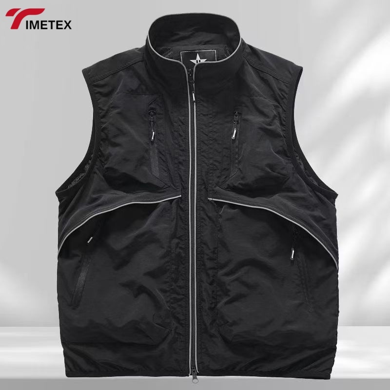 Lightweight Sleeveless Zipper Vest with Multi-Pocket and Stand-Up Collar Anti-Shrink Outdoor Workwear for Spring and Winter