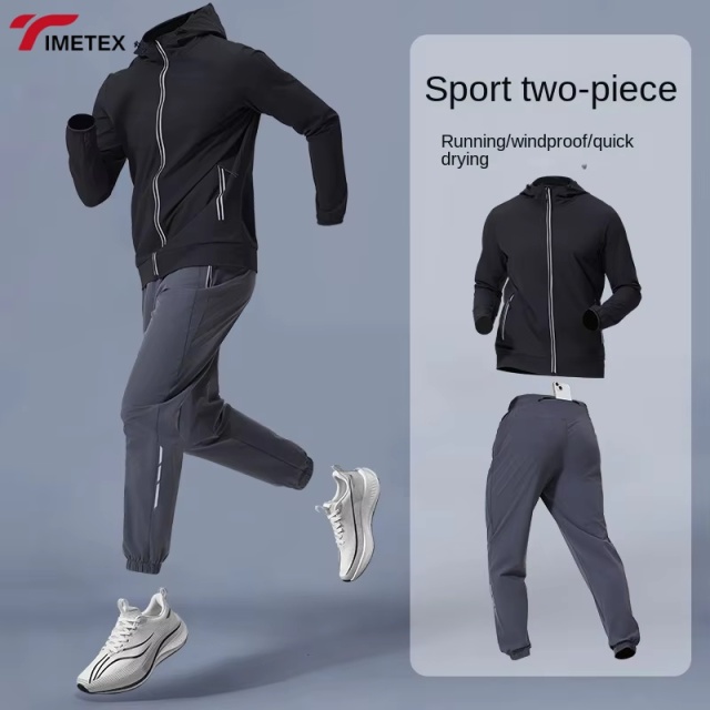 TIMETEX Vintage Solid Sports Breathable Sweat-Absorbent Quick Dry Lightweight Hooded Jacket 2-Piece Running Training Tracksuit