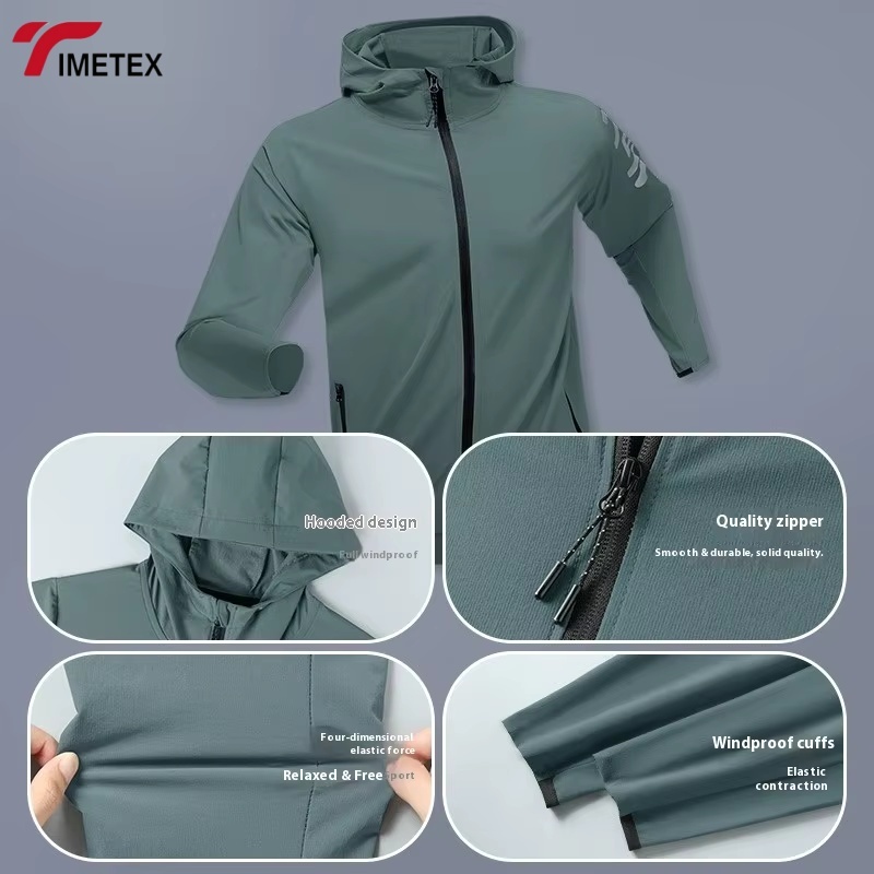 TIMETEX Men's Lightweight Customizable Windbreaker Waterproof Autumn Outdoor Training Jacket Hooded Zipper Solid Casual Set
