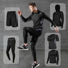 Men 5 Pieces Set Casual Running Gym Suits Fitness Clothes Sports Shorts Quick-drying Tights Short-sleeved Training Sportswear