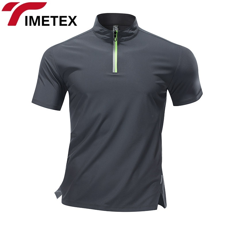 TIMETEX 2025 Men's Running Gym Sports T-Shirt Quick Dry Ice Silk Stand Collar Half Zipper Short Sleeve-80% Polyester 20% Spandex