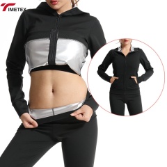 TIMETEX Women's Black Hooded Sweat Jacket with Thermal Lining Comfortable Sauna Suit for Home Weight Loss Zippered Design