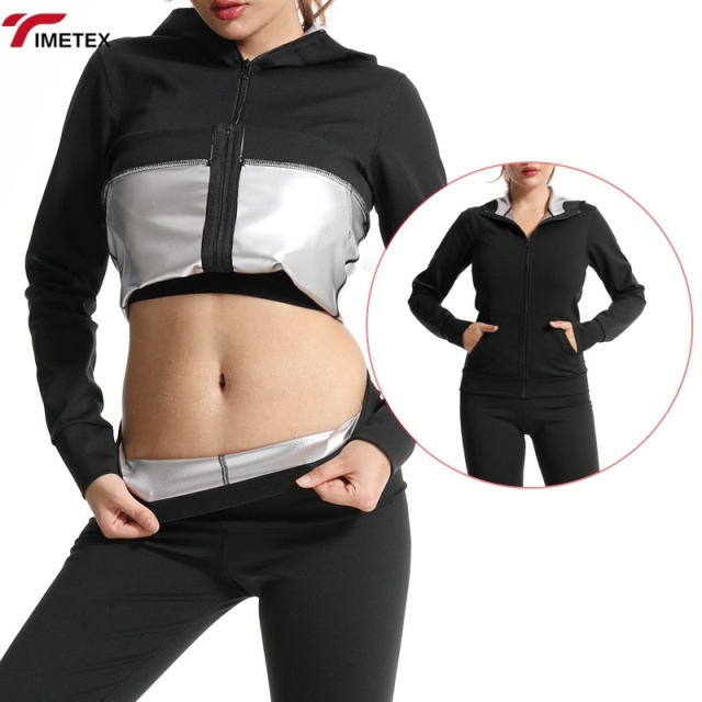 TIMETEX Women's Black Hooded Sweat Jacket with Thermal Lining Comfortable Sauna Suit for Home Weight Loss Zippered Design