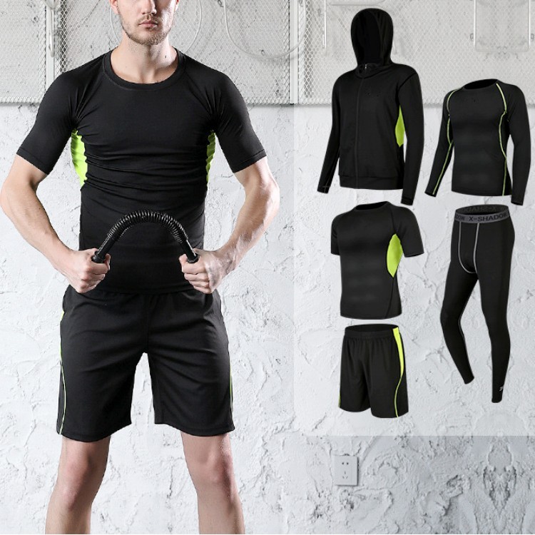 Men 5 Pieces Set Casual Running Gym Suits Fitness Clothes Sports Shorts Quick-drying Tights Short-sleeved Training Sportswear