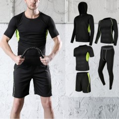 Men 5 Pieces Set Casual Running Gym Suits Fitness Clothes Sports Shorts Quick-drying Tights Short-sleeved Training Sportswear