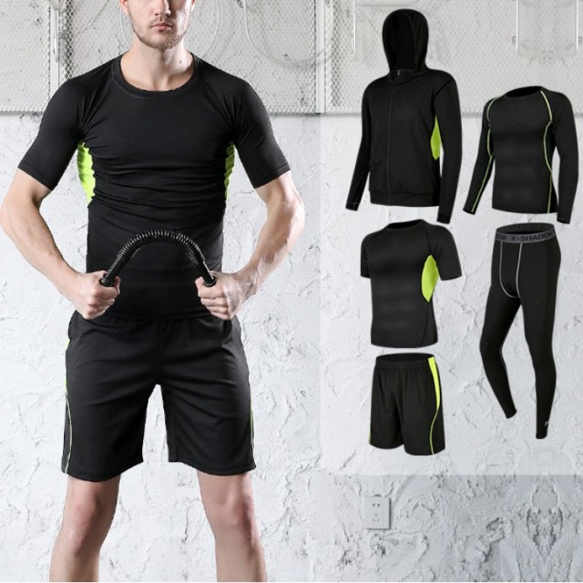 Men 5 Pieces Set Casual Running Gym Suits Fitness Clothes Sports Shorts Quick-drying Tights Short-sleeved Training Sportswear