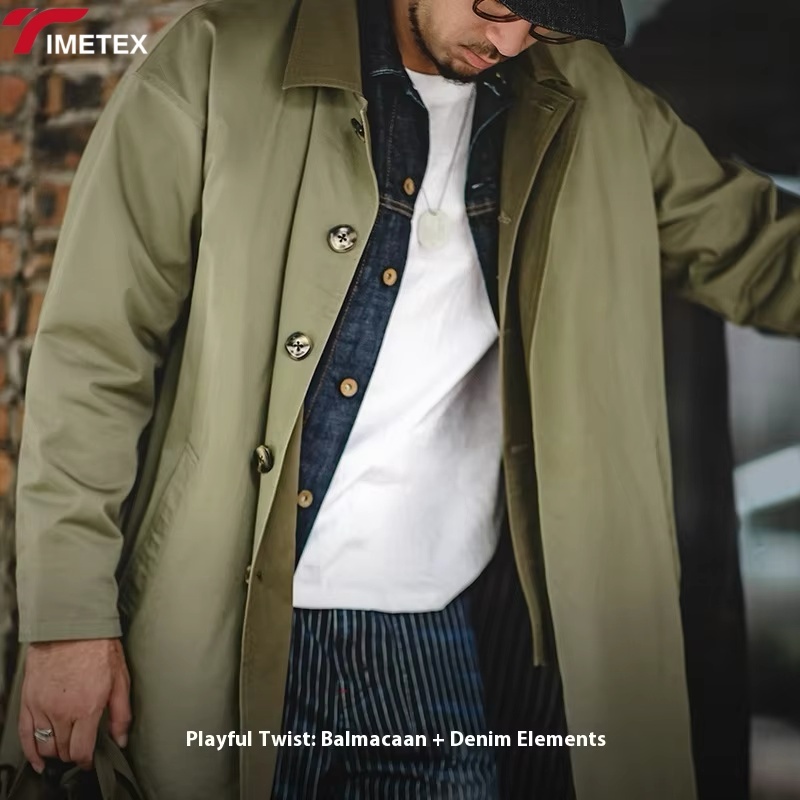 TIMETEX Custom Scottish Balmacaan Trench Coat for Men Winter Outwear Waterproof Lightweight Cotton Jacket with Contrast Collar