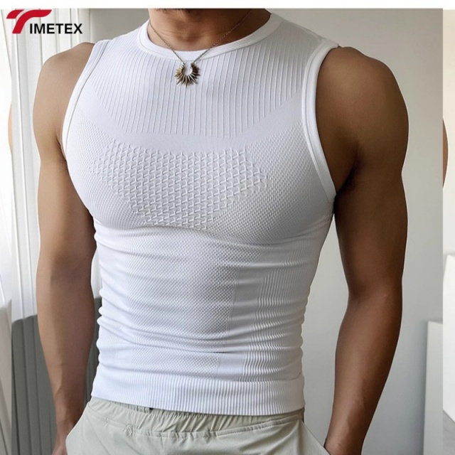 Men's Sleeveless Knitted Seamless Compression Shirt Gym Quick Dry Breathable Nylon Spandex Skinny Fit Custom Logo Athletic Vest