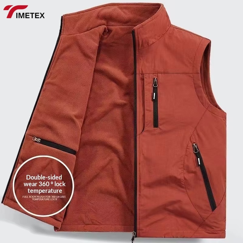 Men's Casual Double-Sided Plush Vest Jacket Large Size Thickened Stand-Up Collar Multiple Pockets for Work Photography Fishing