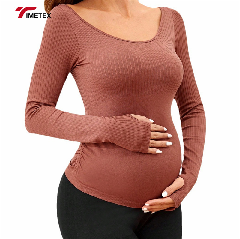 New Solid Color High Stretch Pregnant Women Yoga Shirt Seamless Long Sleeve Shirt