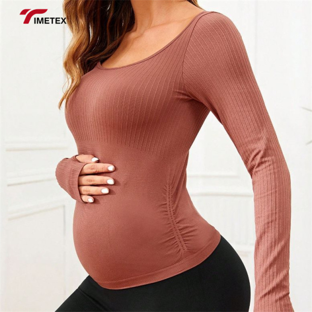 New Solid Color High Stretch Pregnant Women Yoga Shirt Seamless Long Sleeve Shirt