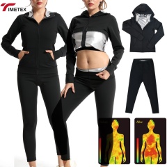 TIMETEX Women's Black Hooded Sweat Jacket with Thermal Lining Comfortable Sauna Suit for Home Weight Loss Zippered Design