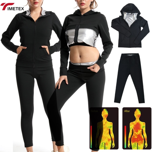 TIMETEX Women's Black Hooded Sweat Jacket with Thermal Lining Comfortable Sauna Suit for Home Weight Loss Zippered Design