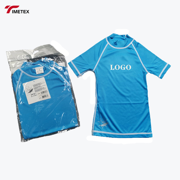 Wholesale Custom Logo Small Order Children Boy's Quick-dry Blue Sportswear Surf Swim Shirts UPF 50 Rash Guards for Kids