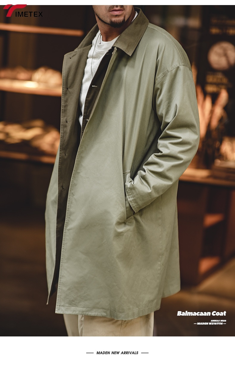 TIMETEX Custom Scottish Balmacaan Trench Coat for Men Winter Outwear Waterproof Lightweight Cotton Jacket with Contrast Collar