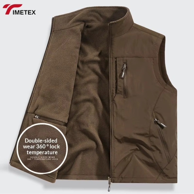 Men's Casual Double-Sided Plush Vest Jacket Large Size Thickened Stand-Up Collar Multiple Pockets for Work Photography Fishing