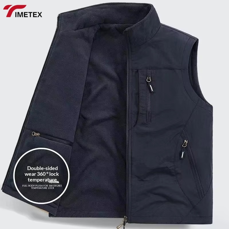 Men's Casual Double-Sided Plush Vest Jacket Large Size Thickened Stand-Up Collar Multiple Pockets for Work Photography Fishing