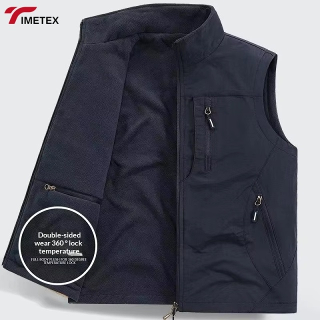 Men's Casual Double-Sided Plush Vest Jacket Large Size Thickened Stand-Up Collar Multiple Pockets for Work Photography Fishing