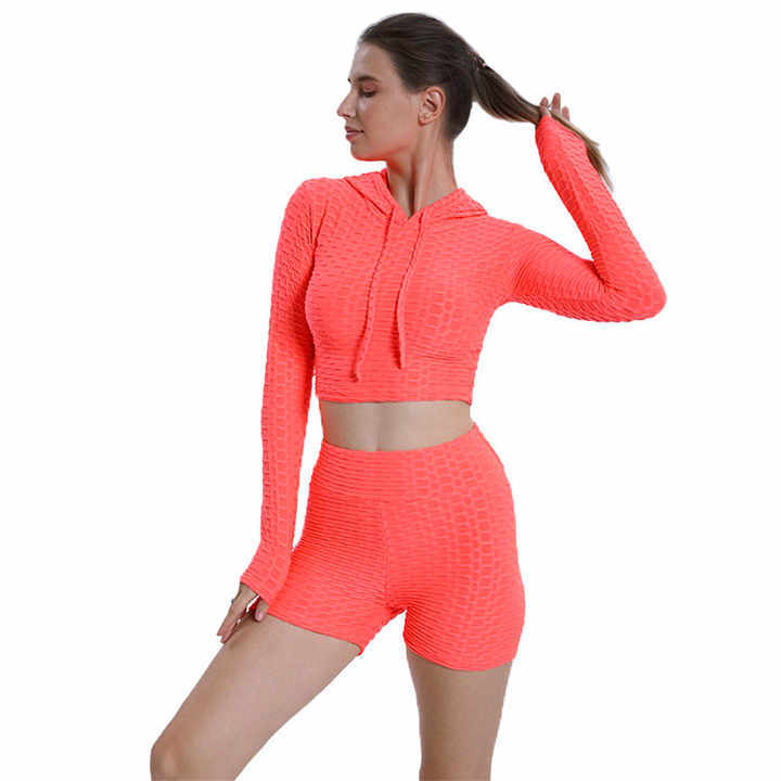 TIMETEX Women Sportswear 2 Piece Set Women Gym Fitness Sets Women Leggings Anti Cellulite Long Sleeve Crop Tops