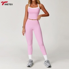TIMETEX Hot Sale Training Outfit Women's Breathable Elastic Waist Set Sensation Color-Block Cross Back Tight for Running