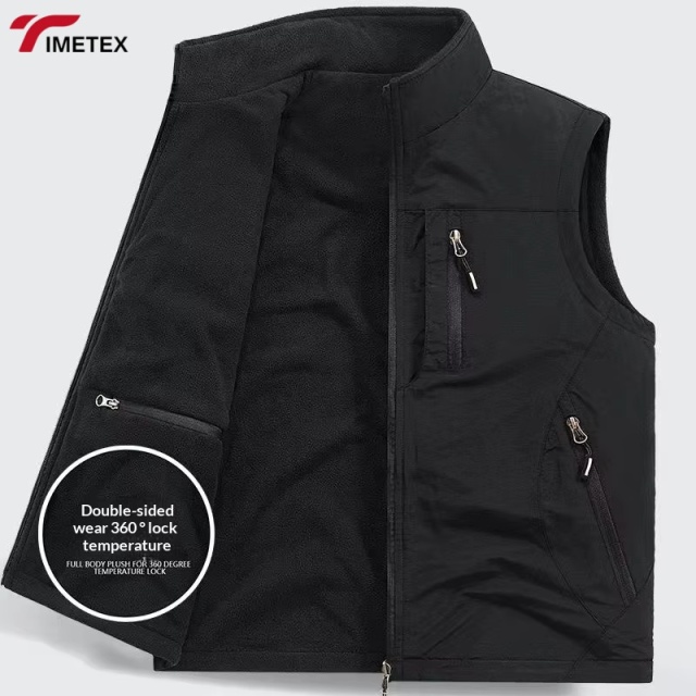 Men's Casual Double-Sided Plush Vest Jacket Large Size Thickened Stand-Up Collar Multiple Pockets for Work Photography Fishing