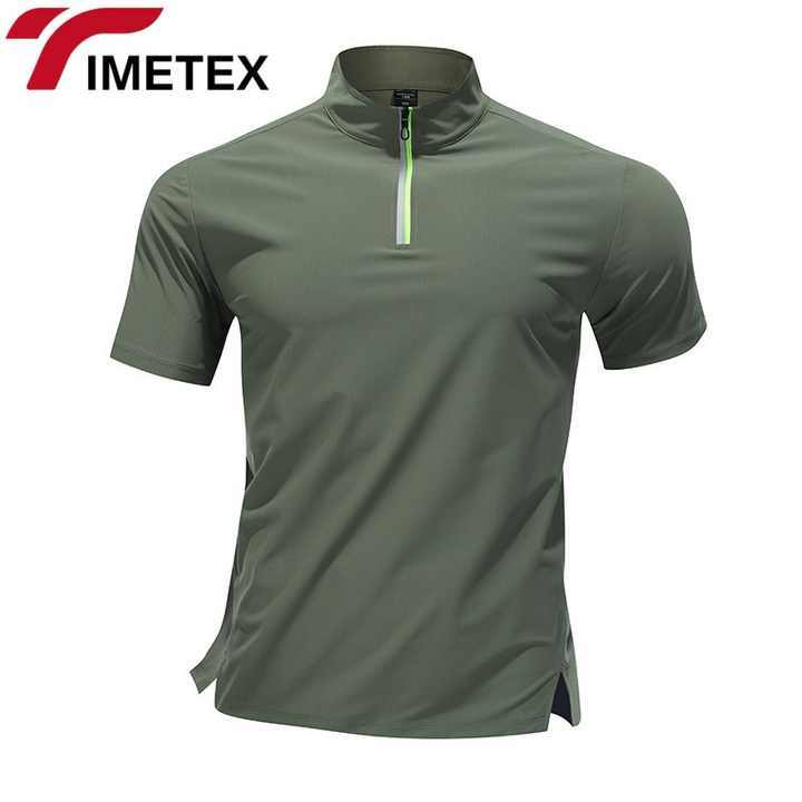 TIMETEX 2025 Men's Running Gym Sports T-Shirt Quick Dry Ice Silk Stand Collar Half Zipper Short Sleeve-80% Polyester 20% Spandex