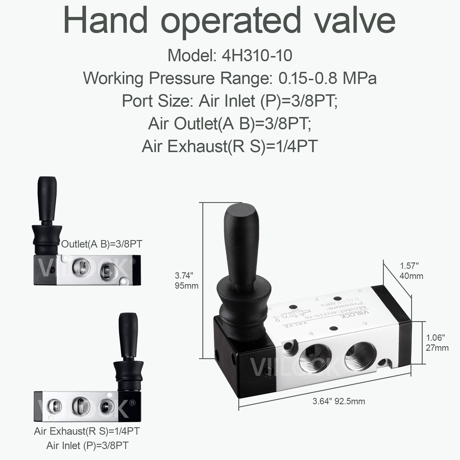 Pneumatic Air Hand Lever Valve, 5 Way 2 Position 3/8”NPT Solenoid Valve Manual Control Direct Driving Type Push-Pull 4H310-10,VIILOCK,Pneumatic Air Hand Lever Valve, 5 Way 2 Position 3/8”NPT Solenoid Valve Manual Control Direct Driving Type Push-Pull 4H310-10