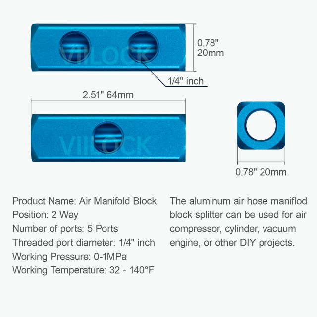 2 Way 5 Port 1/4" Pneumatic Air Manifold Block,VIILOCK,2 Way 5 Port 1/4" Pneumatic Air Manifold Block