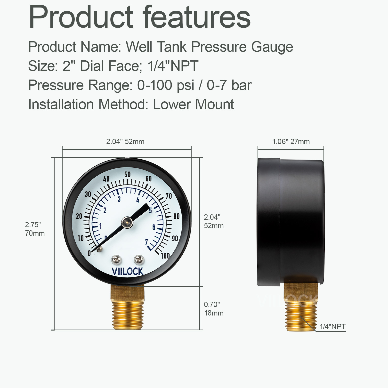 VIILOCK 2" Dial Lower Mount Well Tank Pressure Gauge (0-100PSI / 0-7Bar),VIILOCK,VIILOCK 2" Dial Lower Mount Well Tank Pressure Gauge (0-100PSI / 0-7Bar)