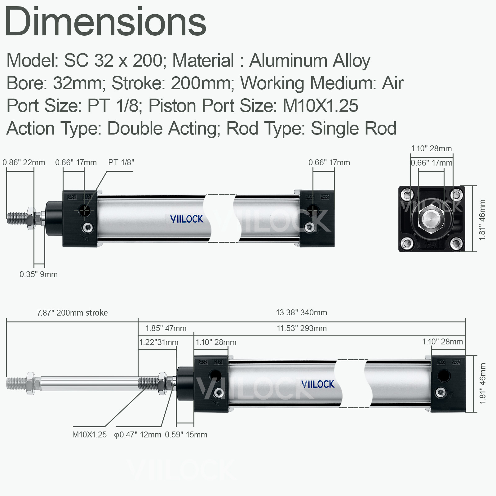 SC 32×200 Standard Double Acting Pneumatic Cylinder (Single Rod),VIILOCK,SC 32×200 Standard Double Acting Pneumatic Cylinder (Single Rod)