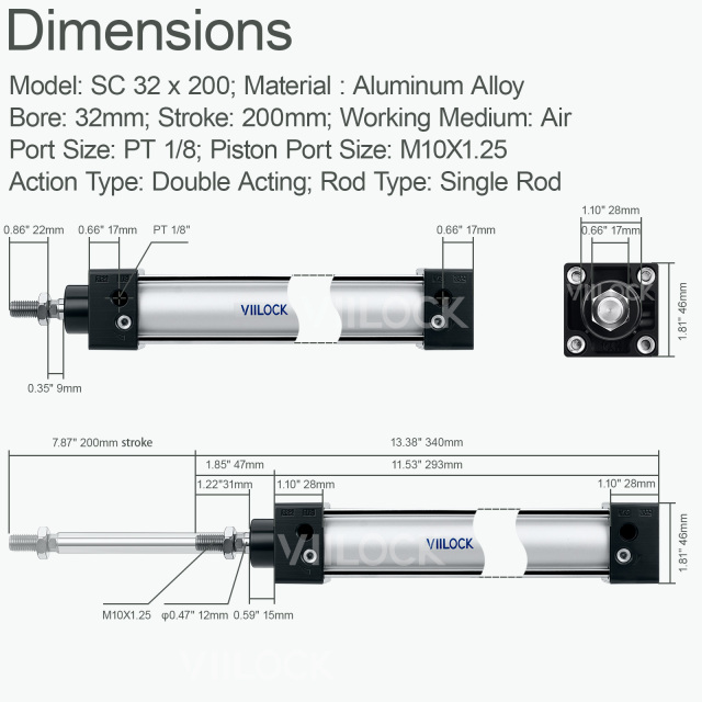 SC 32×200 Standard Double Acting Pneumatic Cylinder (Single Rod),VIILOCK,SC 32×200 Standard Double Acting Pneumatic Cylinder (Single Rod)