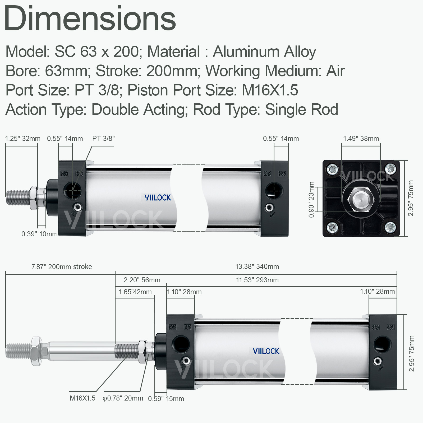 SC 63×200 Standard Double Acting Pneumatic Cylinder (Single Rod),VIILOCK,SC 63×200 Standard Double Acting Pneumatic Cylinder (Single Rod)