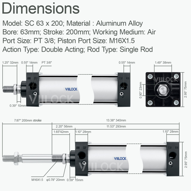 SC 63×200 Standard Double Acting Pneumatic Cylinder (Single Rod),VIILOCK,SC 63×200 Standard Double Acting Pneumatic Cylinder (Single Rod)