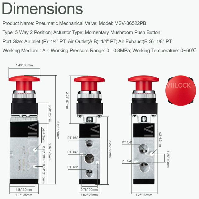 MSV-86522PB 5 Way 2 Position Momentary Mushroom Push Button Pneumatic Mechanical Valve,VIILOCK,MSV-86522PB 5 Way 2 Position Momentary Mushroom Push Button Pneumatic Mechanical Valve