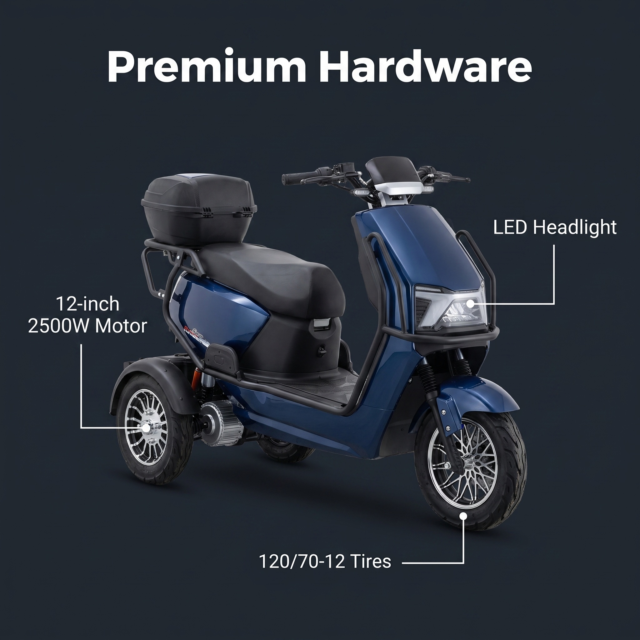 Smart Adult Rechargeable Battery 2500W Brushless Motor Large 3 Wheels Electric Scooter