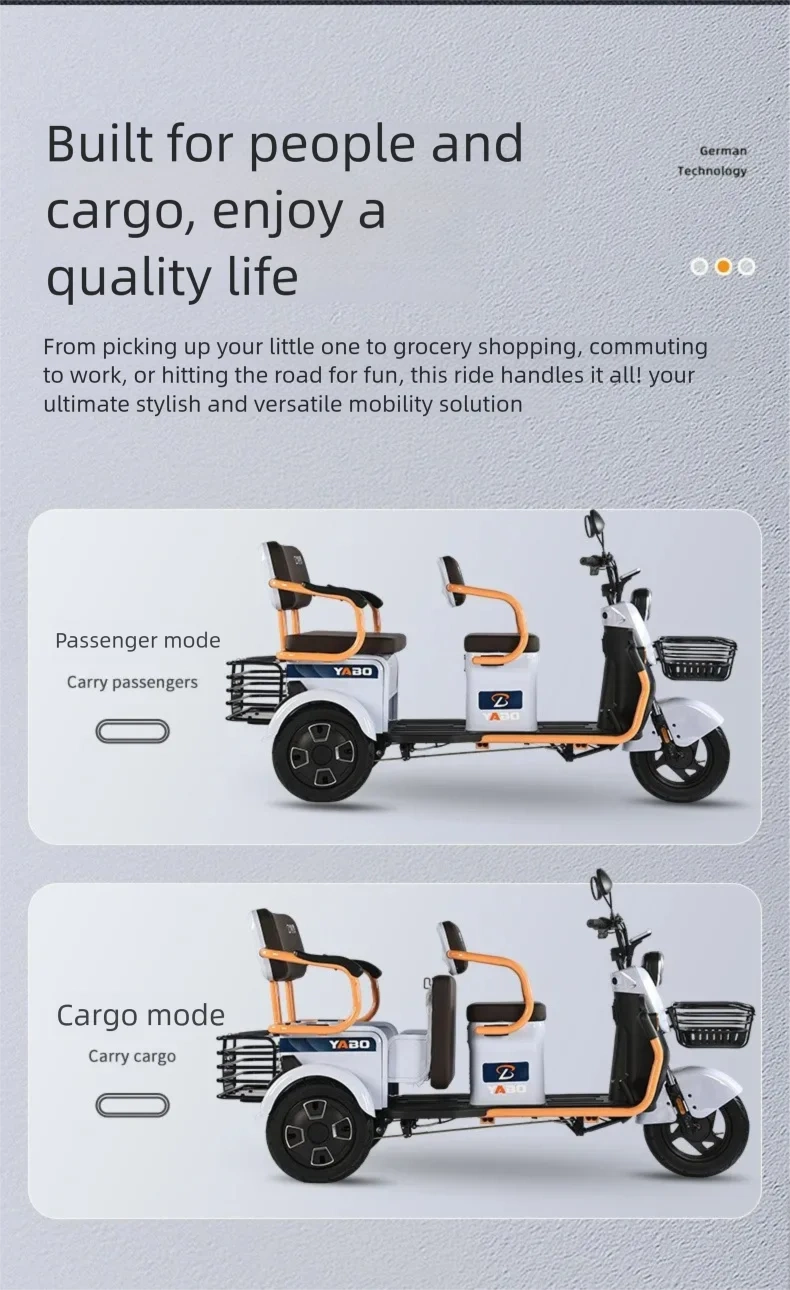 Electric Tricycle 3-Wheeler Scooter 1000W Motor 140km Range for Adults Cargo & Passenger