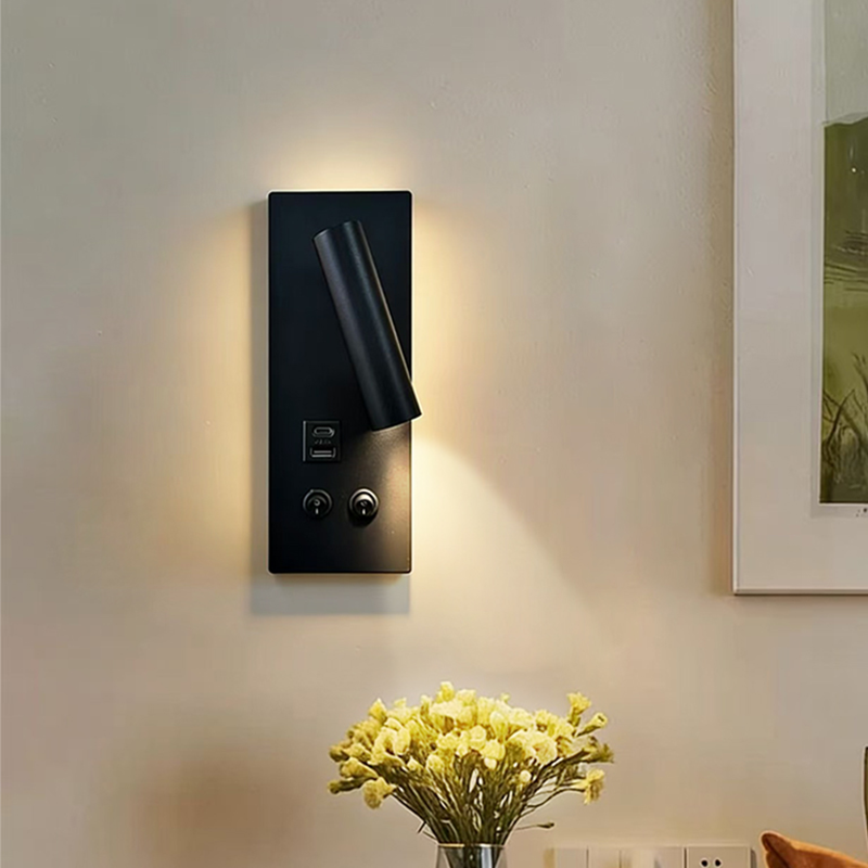 Nordic Eye-Care LED Wall Sconce with USB Port, 2-in-1 Dual Light Source Rotatable Reading Spotlight + Ambient Night Light, Dual Switches, Wall Mounted Bedside Lamp for Hotel and Bedroom
