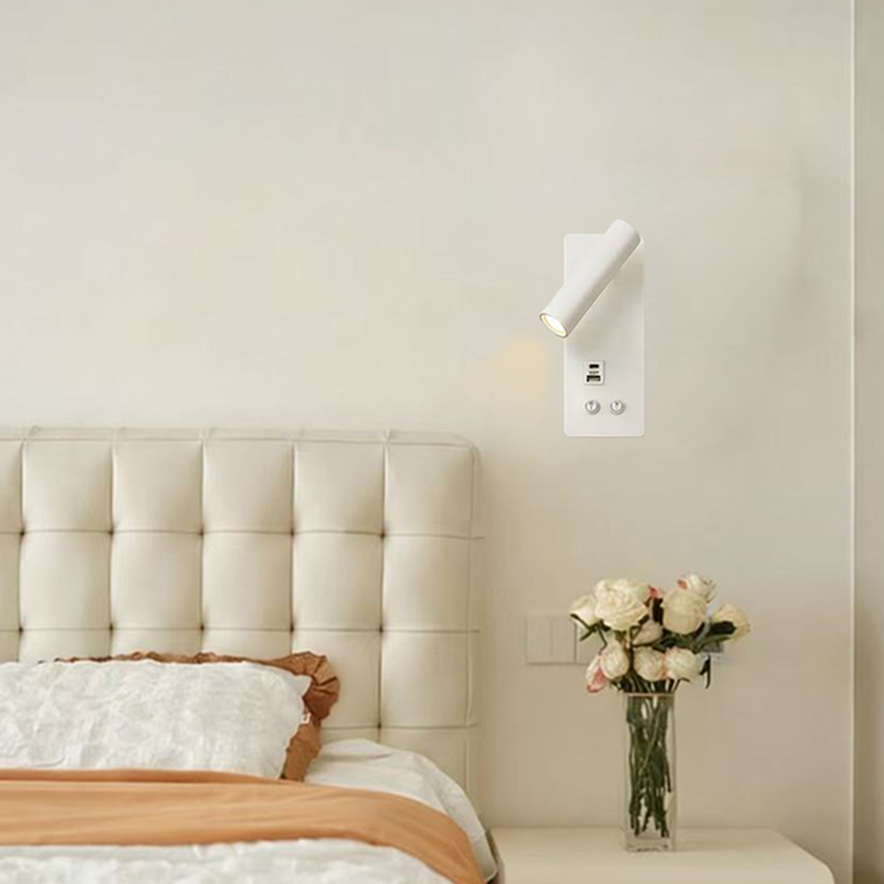 Nordic Eye-Care LED Wall Sconce with USB Port, 2-in-1 Dual Light Source Rotatable Reading Spotlight + Ambient Night Light, Dual Switches, Wall Mounted Bedside Lamp for Hotel and Bedroom