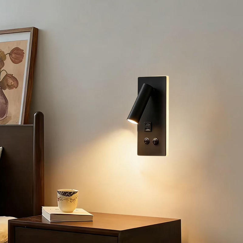 Nordic Eye-Care LED Wall Sconce with USB Port, 2-in-1 Dual Light Source Rotatable Reading Spotlight + Ambient Night Light, Dual Switches, Wall Mounted Bedside Lamp for Hotel and Bedroom