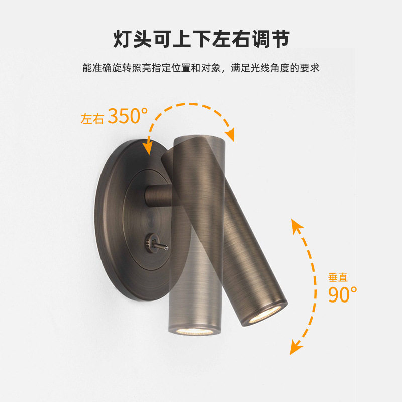 350° Rotatable LED Wall Sconce Adjustable Angle Bedside Reading Lamp Retro Brushed Spotlight
