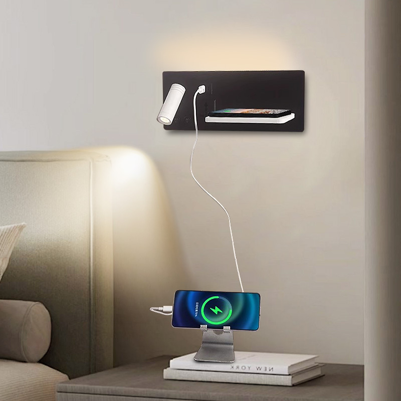 New Creative Bedroom Bedside Wall Lamp with Wireless Charging, Hotel Bedside Light, Living Room Reading Wall Lamp with USB Port
