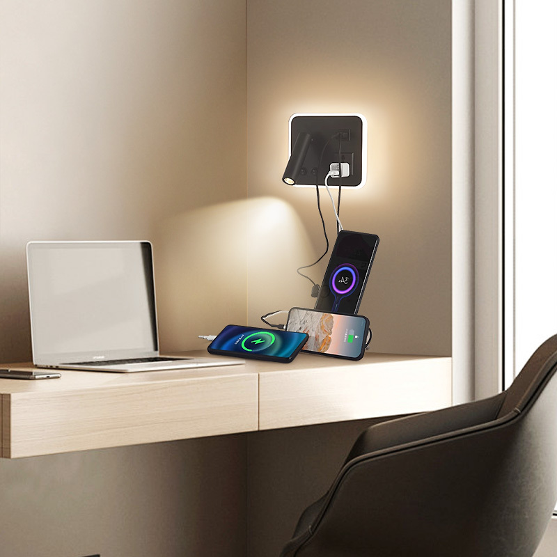 New Creative Bedroom Bedside Wall Lamp with Wireless Charging, Hotel Bedside Light, Living Room Reading Wall Lamp with USB Port