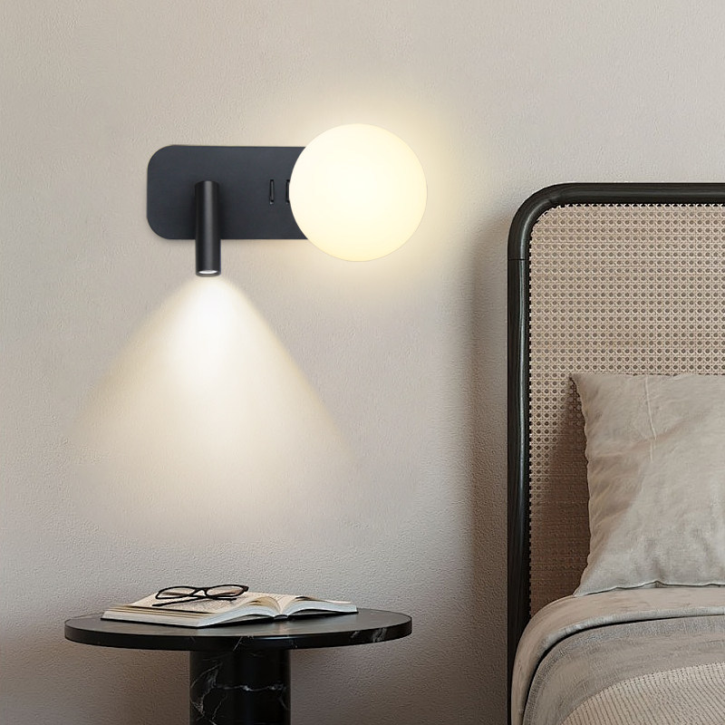 Dual-Control Globe LED Wall Sconce 350° Rotatable Reading Lamp Eye-Caring Bedside Light