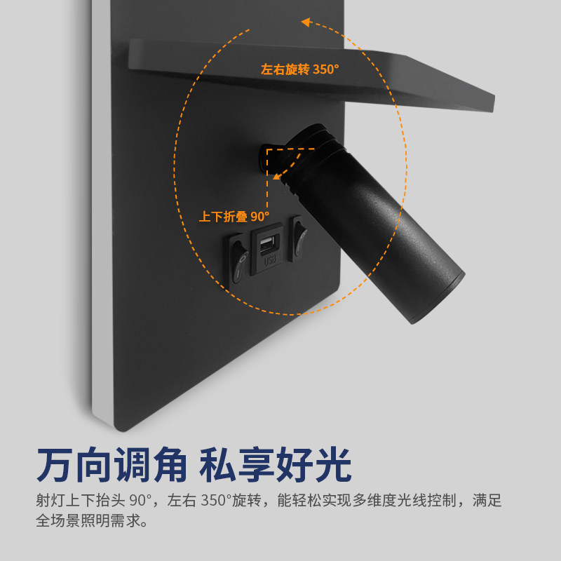Multi-Function LED Bedside Wall Sconce with Wireless Charger, USB Port, Shelf & Adjustable Reading Spotlight